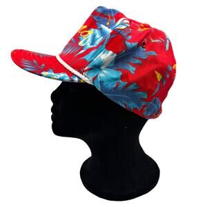 Vtg 90s San Sun Kona Hawaii Red Floral Trucker Hat Surf Style Souvenir Rope Cap